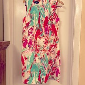 AGB Dress stunning pink, red, green and white watercolor dress. Size 14
